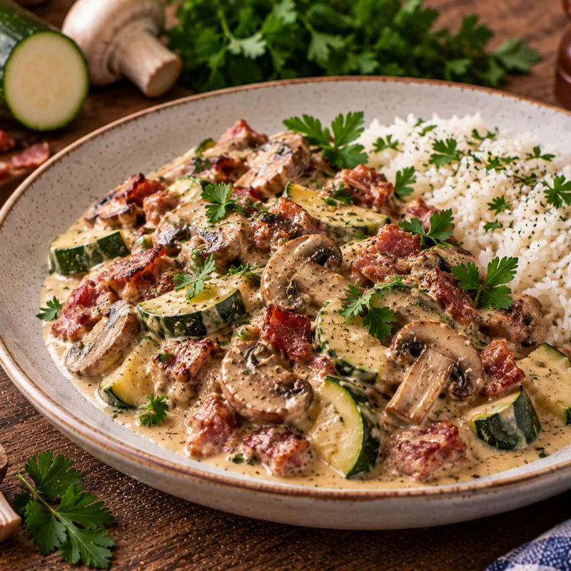Bacon & svampsås med squash